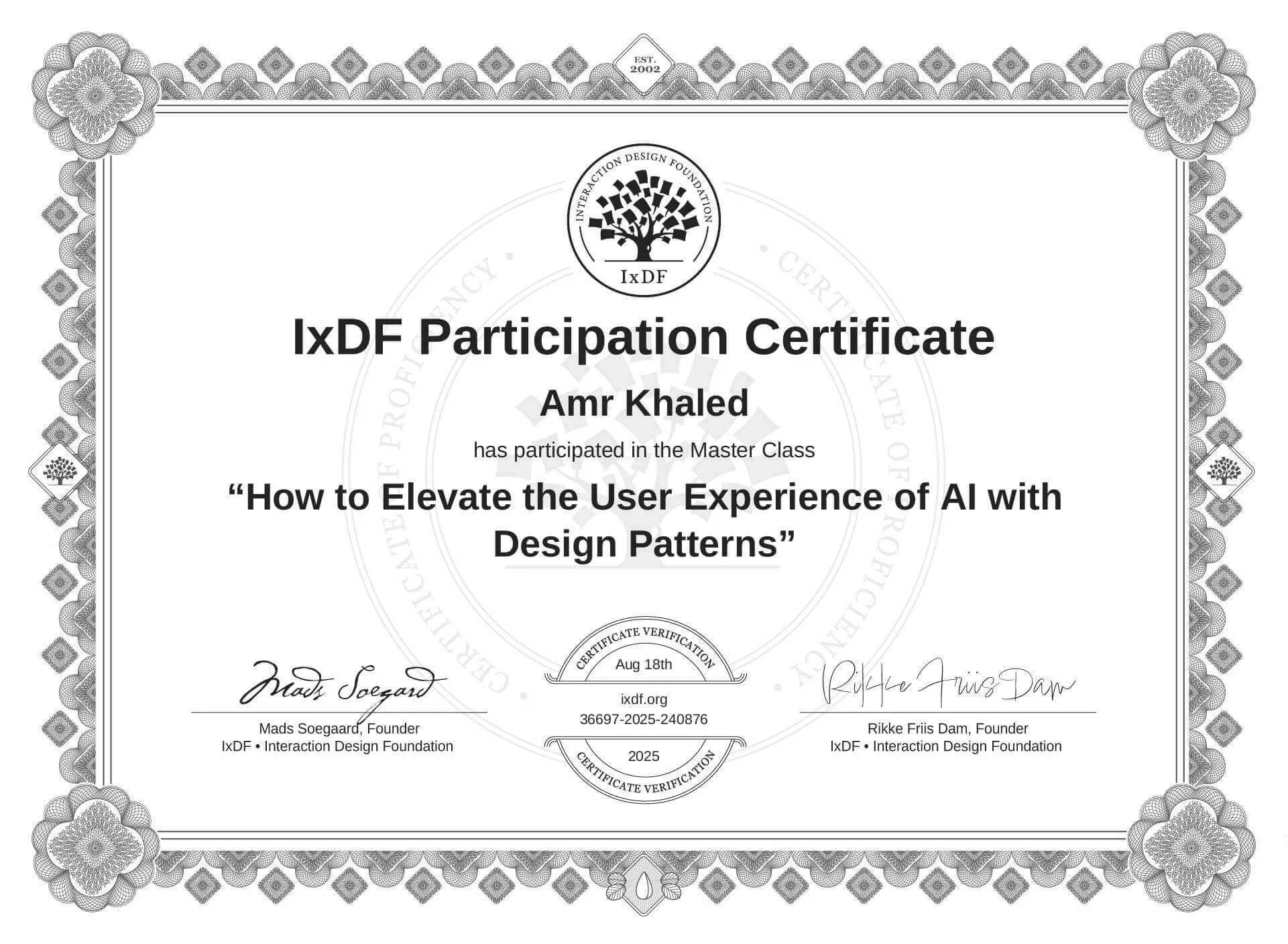 IxDF Master Class Certificate - AI Design Patterns
